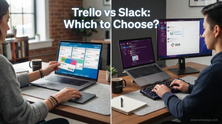 Split scene comparing a Trello-style board and a Slack-style chat window