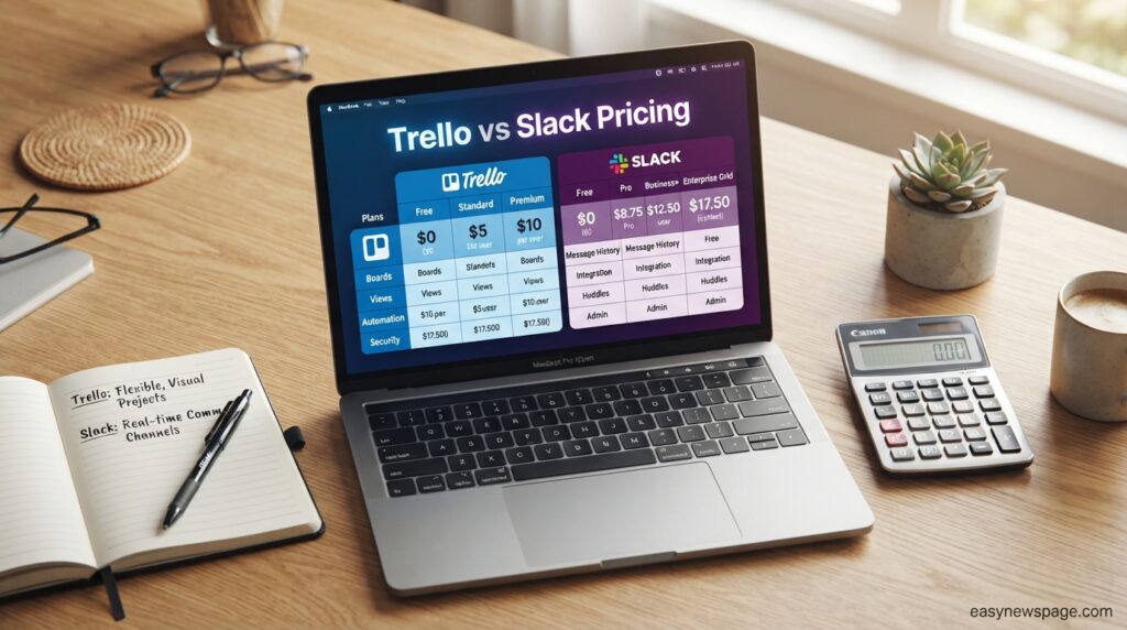 Laptop showing a side-by-side pricing comparison table on a desk