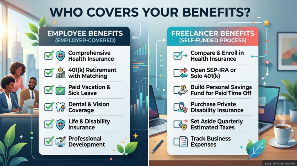 Comparison of employer-provided benefits versus self-funded freelancer benefits 