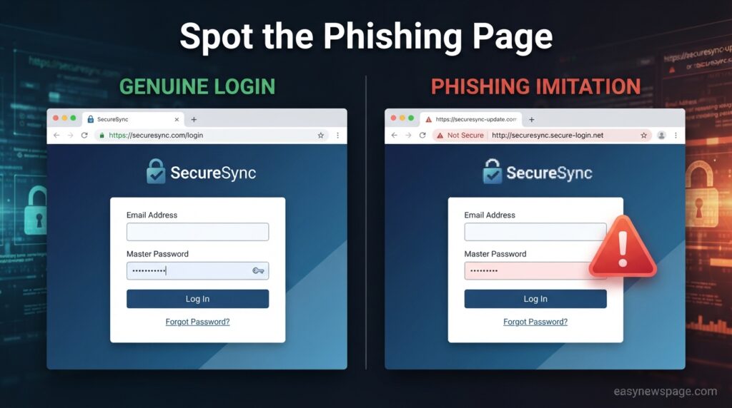 Comparison graphic showing a real vs phishing password manager login page
