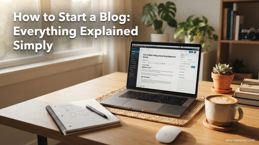 Beginner setting up a new blog on a laptop at a sunlit home desk
