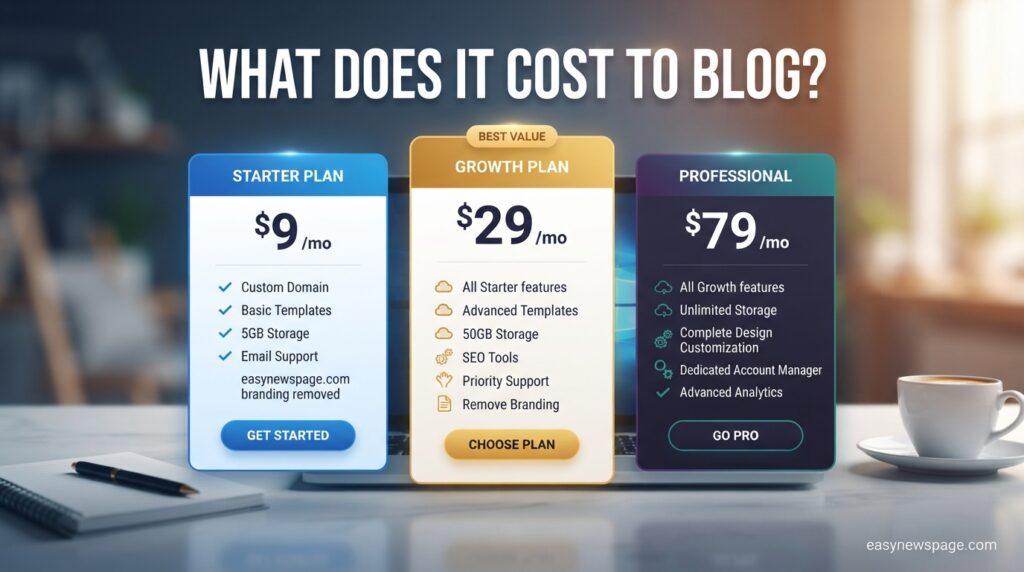 Blogging platform pricing comparison chart, easynewspage.com 