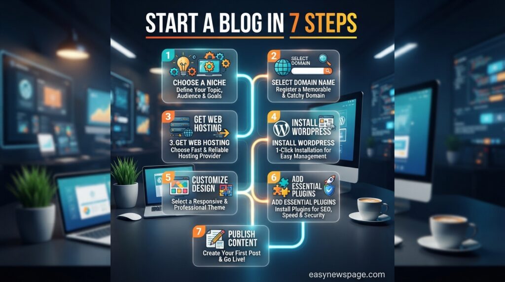 Seven-step infographic to start a blog fast, easynewspage.com 