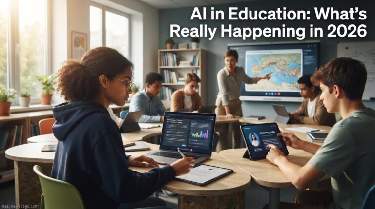 Students and teacher using AI tools on laptops in a modern classroom in 2026