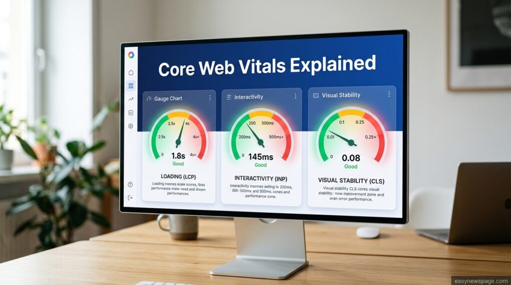 Dashboard mockup showing Core Web Vitals performance gauge charts
