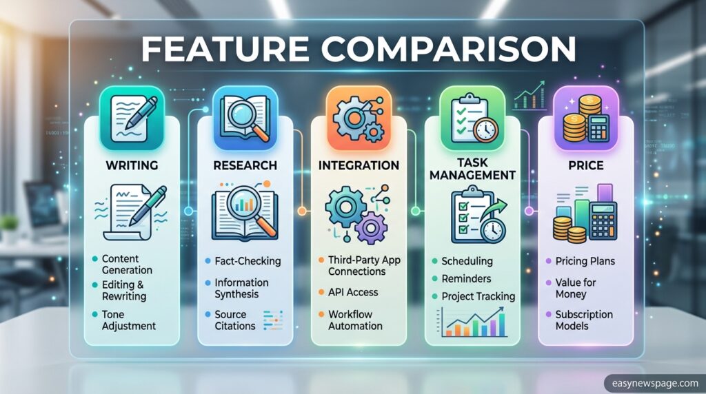Feature comparison infographic for five ChatGPT alternatives 