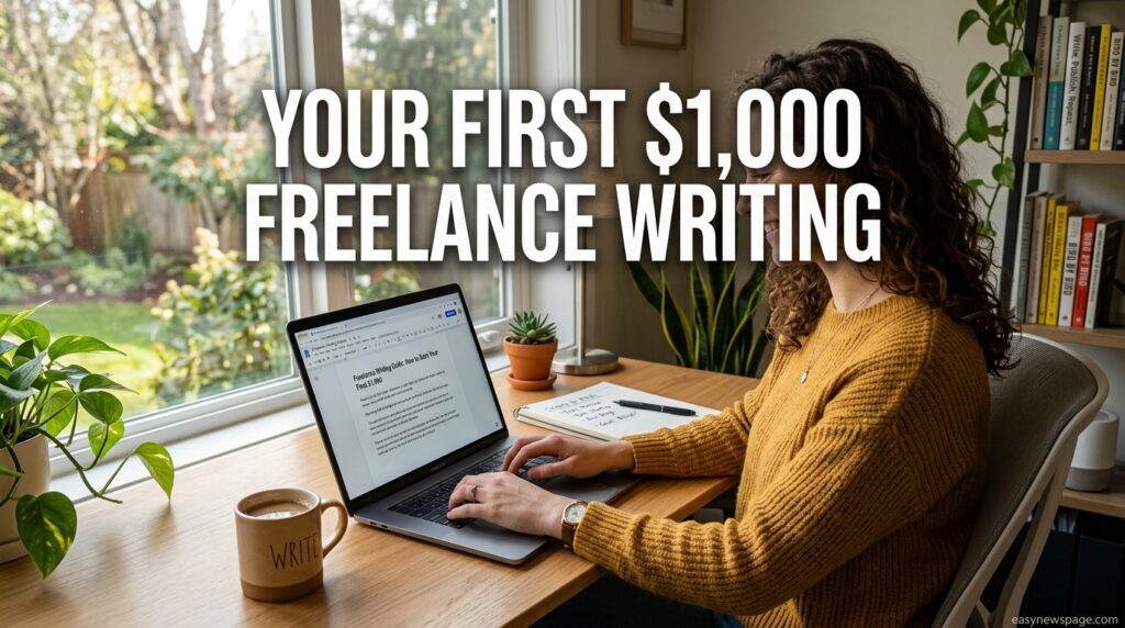 Freelance writer working at a laptop toward their first $1,000 milestone Title: First $1,000 Freelance Writing Hero Image