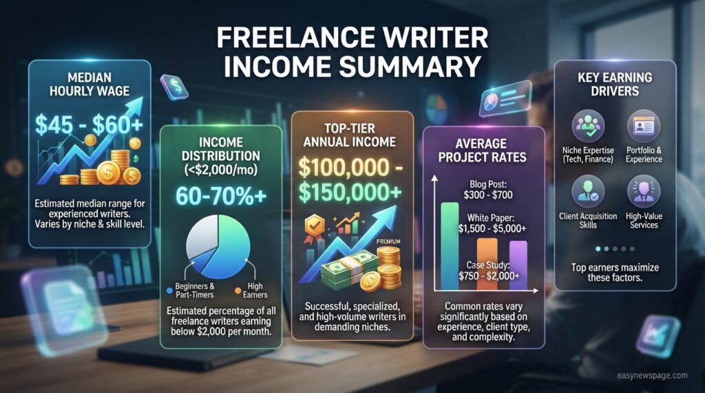 Summary infographic of key freelance writer income statistics