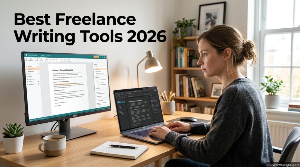 Freelance writer's desk setup showing a 2026 writing and editing tool stack