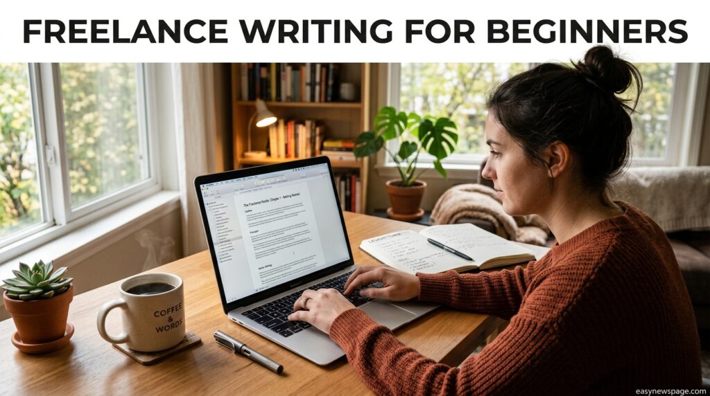 Beginner freelance writer working on a laptop at a home desk
