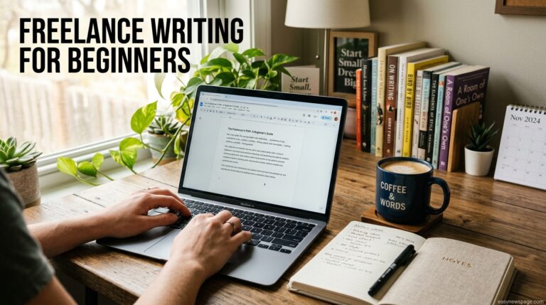 Beginner freelance writer working on a laptop at a home desk
