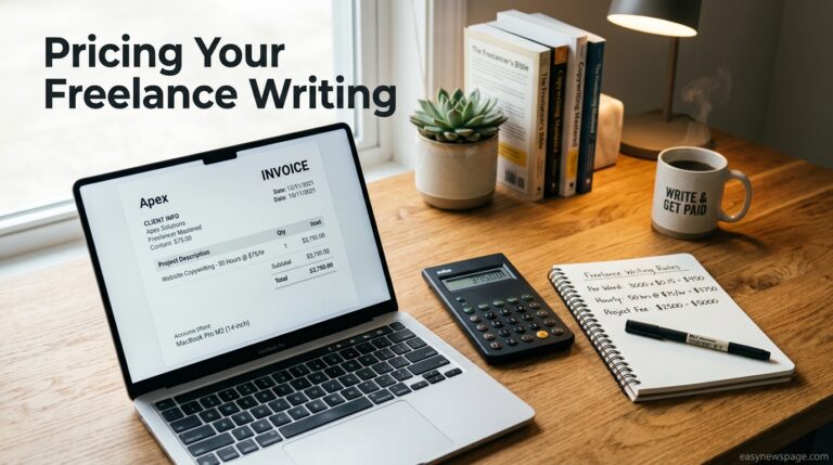 Freelance writer calculating pricing rates at a desk with a calculator and invoice
