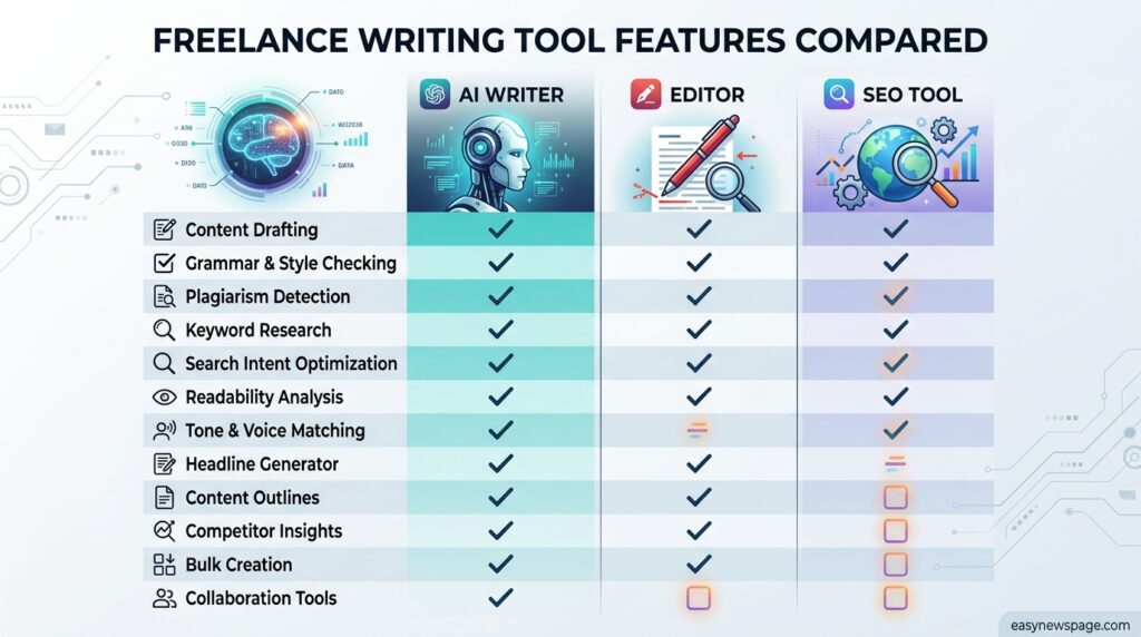 Infographic comparing features across freelance writing tool categories