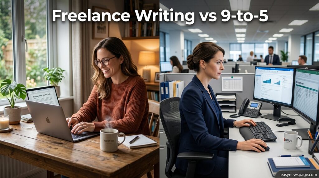 Split scene comparing a freelance home workspace and a traditional office desk 