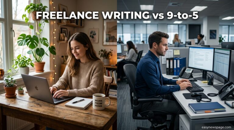 Split scene comparing a freelance home workspace and a traditional office desk