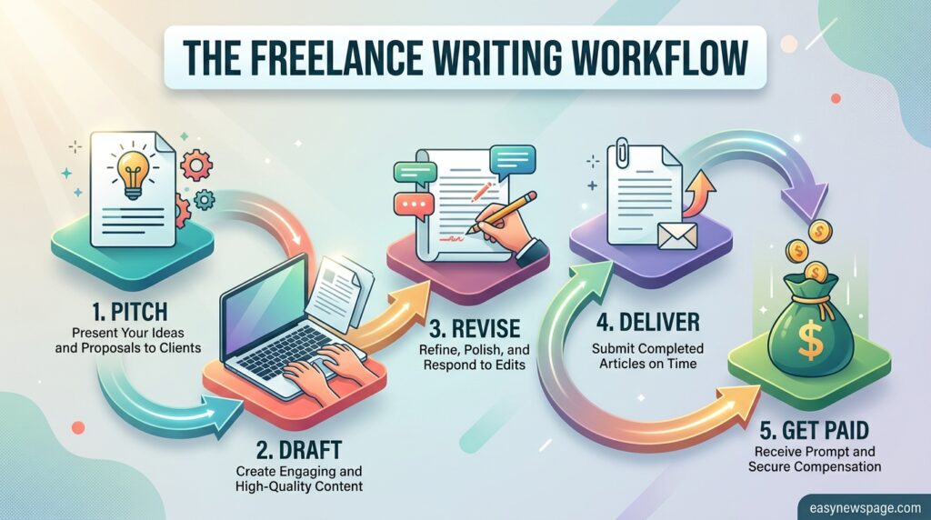 Infographic showing the freelance writing workflow from pitch to payment