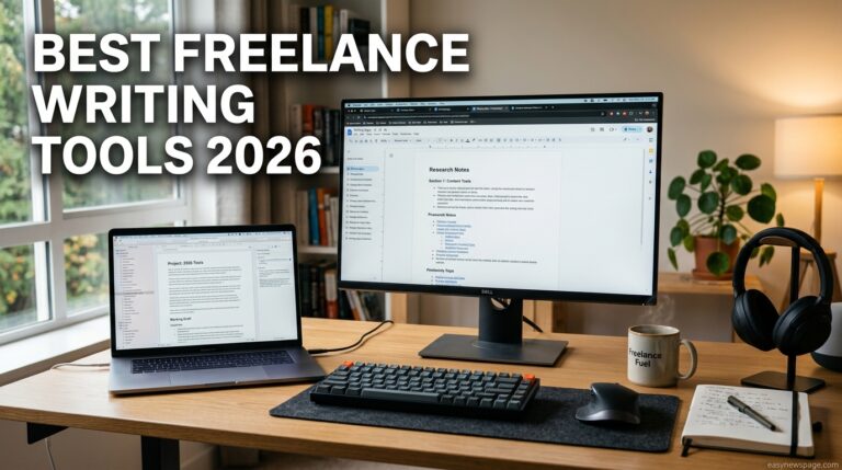 Freelance writer's desk setup showing a 2026 writing and editing tool stack