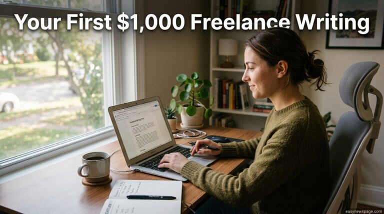 How I Made My First $1,000 With Freelance Writing (A Realistic, Step-by-Step Path) Freelance writer working at a laptop toward their first $1,000 milestone Title: First $1,000 Freelance Writing Hero Image