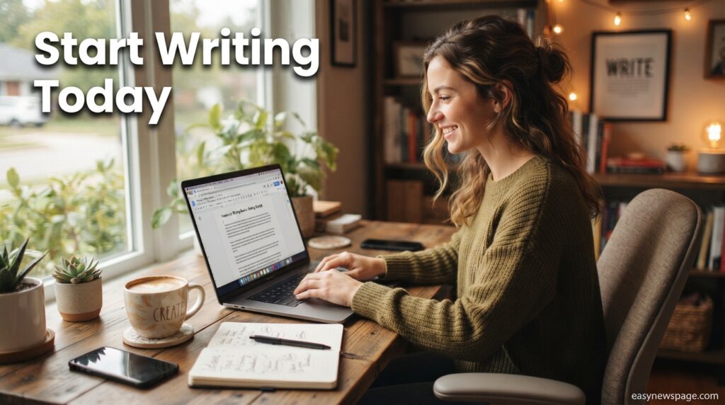  Beginner freelance writer working on a laptop at a home desk setup Title: Starting Freelance Writing at Home 