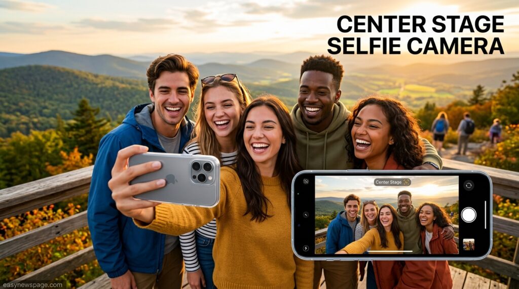 Group of friends using the iPhone 17 Center Stage front camera for a selfie