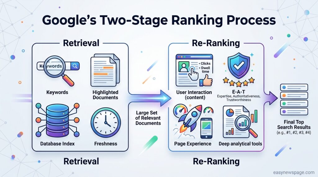 Infographic showing Google's two-stage retrieval and re-ranking process
