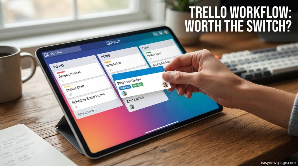Hand moving a task card across a Trello-style Kanban board on a tablet
