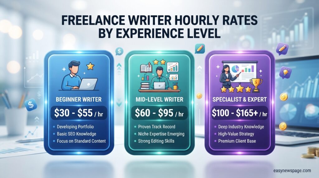 Infographic comparing freelance writer hourly rates by experience level 
