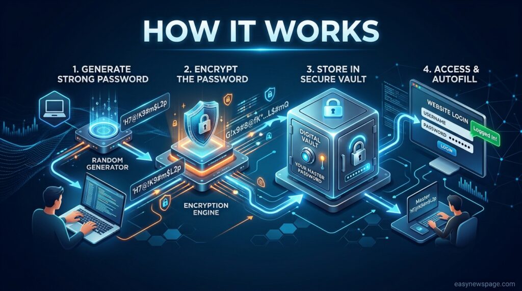 Diagram showing how a password manager generates and encrypts passwords