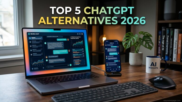 Top 5 ChatGPT alternatives compared on a desk setup with laptop and phone