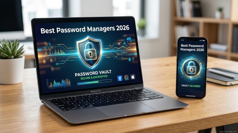 Best Password Manager Tools You Should Use in 2026 Laptop and phone showing a secure password manager vault interface