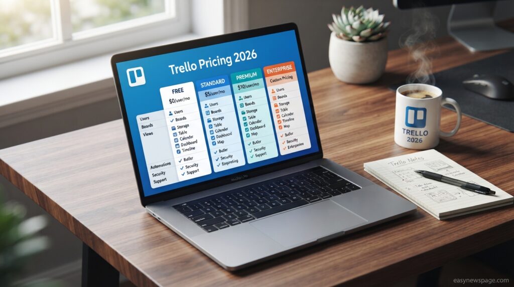 Laptop displaying Trello pricing plans comparison on a desk
