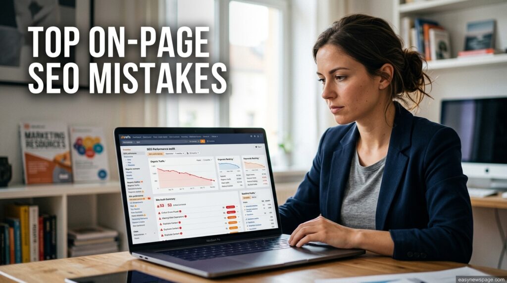 Marketer reviewing an SEO audit dashboard showing on-page ranking issues