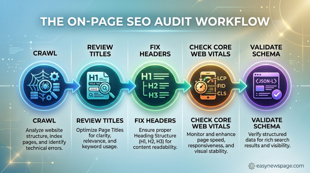 Infographic showing the on-page SEO audit workflow from crawl to validation
