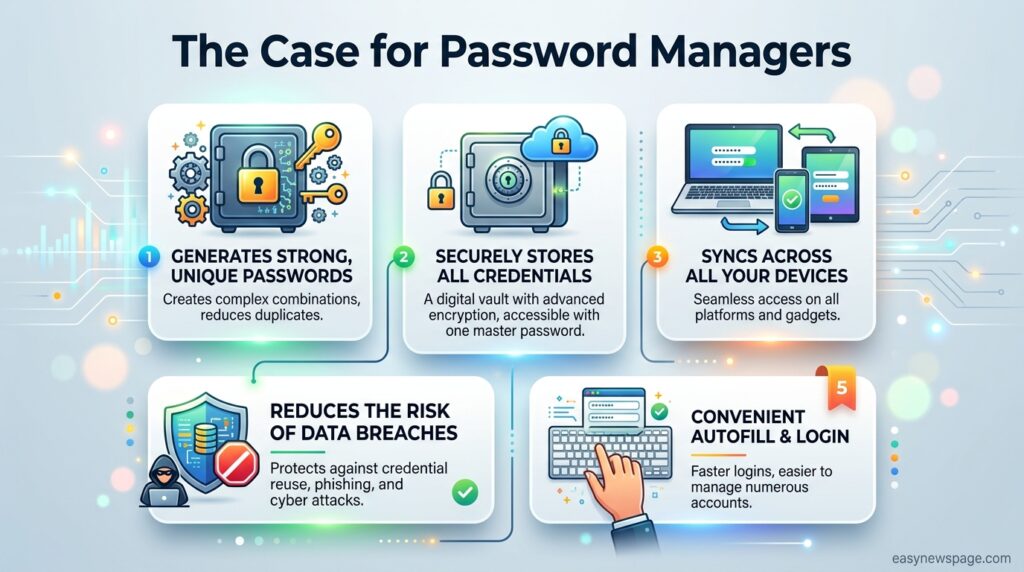 Checklist infographic summarizing the case for using a password manager