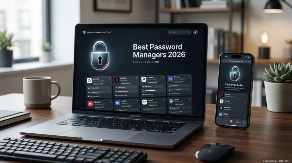 Laptop and phone showing a secure password manager vault interface
