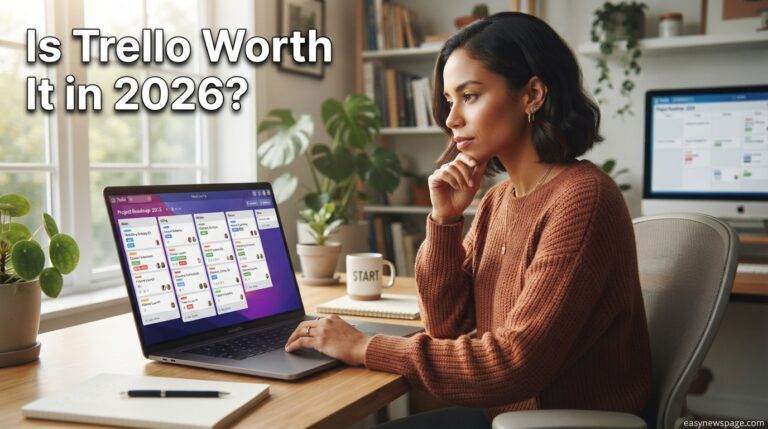 Is Trello Worth It in 2026? Honest Review Person evaluating whether Trello is worth it while viewing a board on a laptop
