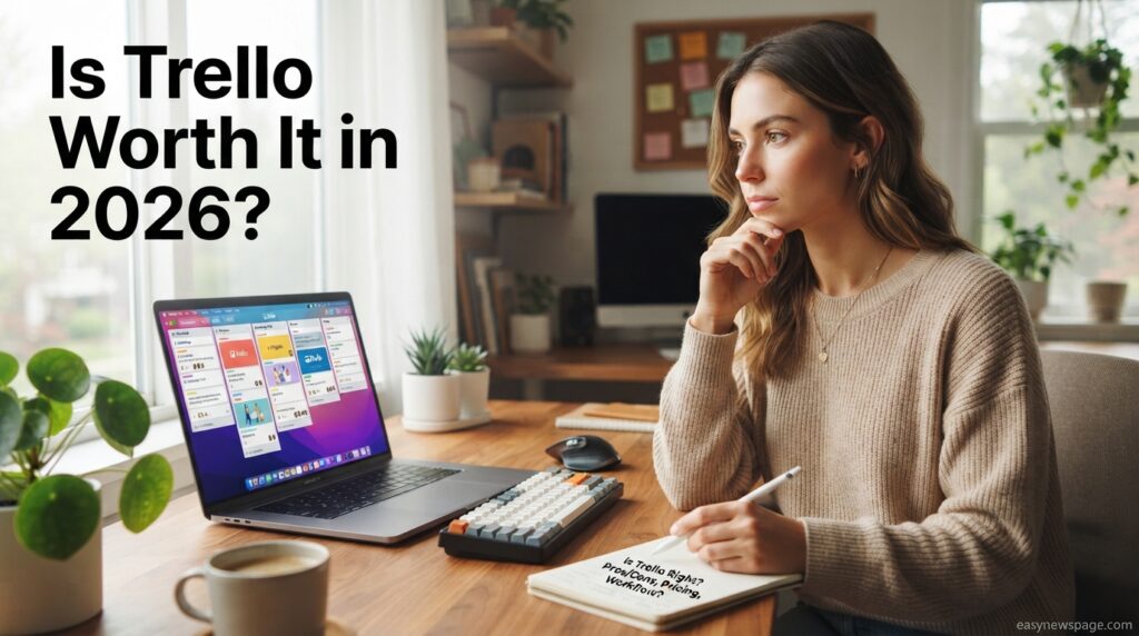 Person evaluating whether Trello is worth it while viewing a board on a laptop