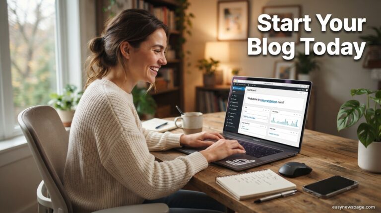 Person starting a blog fast on a laptop, easynewspage.com guide