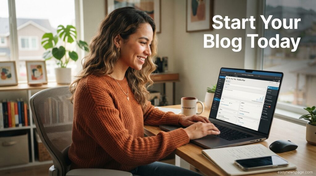 Person starting a blog fast on a laptop, easynewspage.com guide
