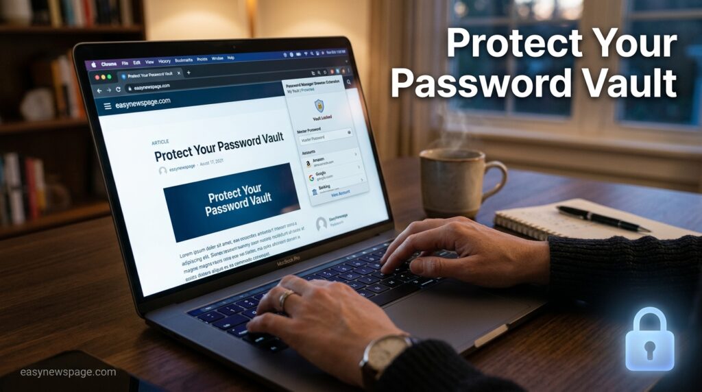 Person securing their password manager vault on a laptop 