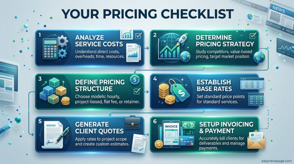 Checklist infographic summarizing freelance writing pricing strategy steps 