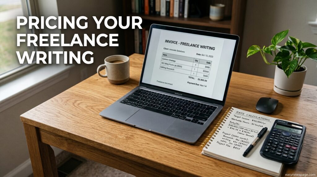 Freelance writer calculating pricing rates at a desk with a calculator and invoice 