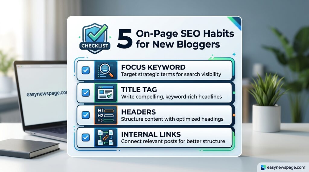 Summary graphic listing five on-page SEO habits for new bloggers 