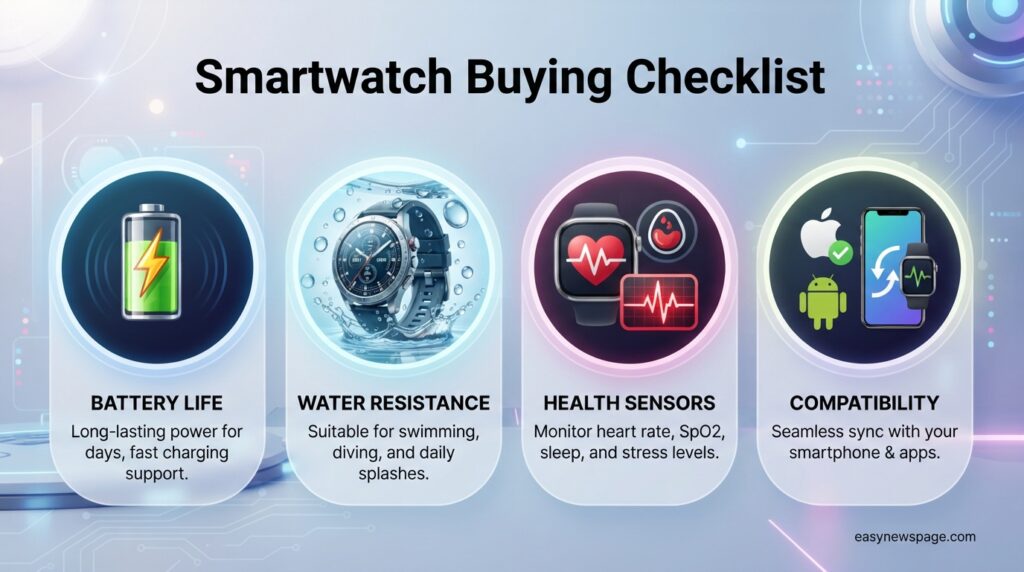 Infographic summarizing four key smartwatch buying factors 