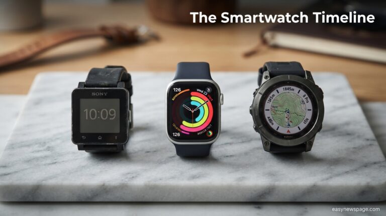 Three generations of smartwatches compared side by side on a table