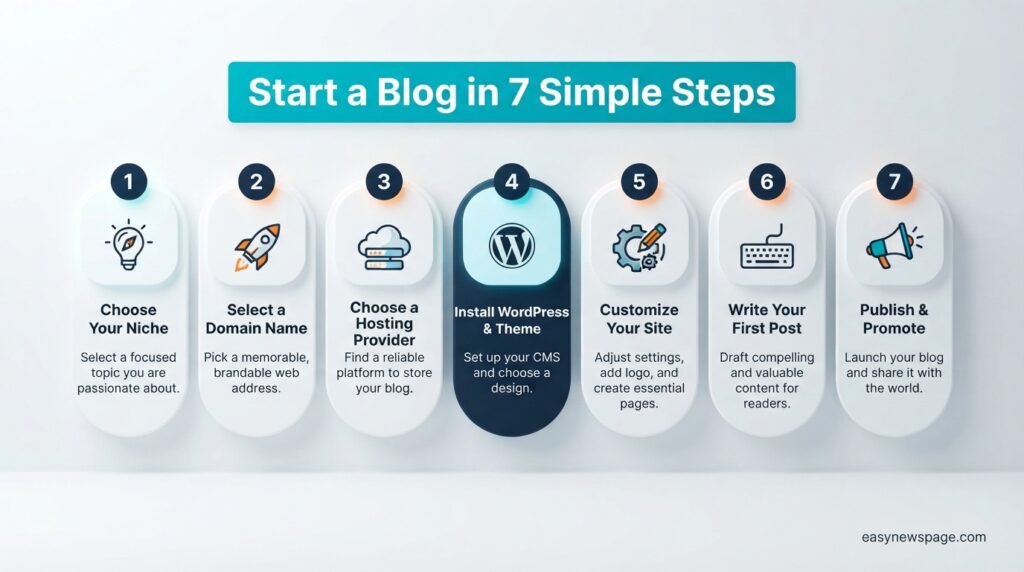 Seven-step infographic summarizing how to start a blog for beginners
