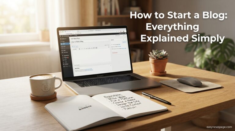 Beginner setting up a new blog on a laptop at a sunlit home desk