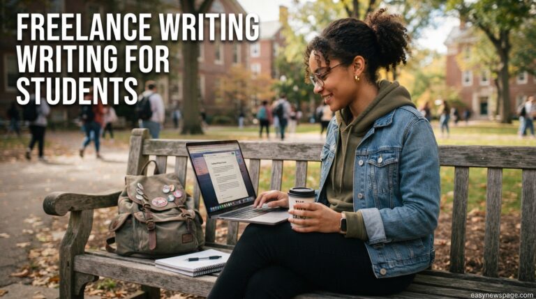 College student freelance writing on a laptop on campus