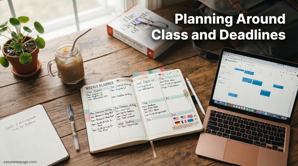 Student planner and laptop showing a balanced class and freelance writing schedule