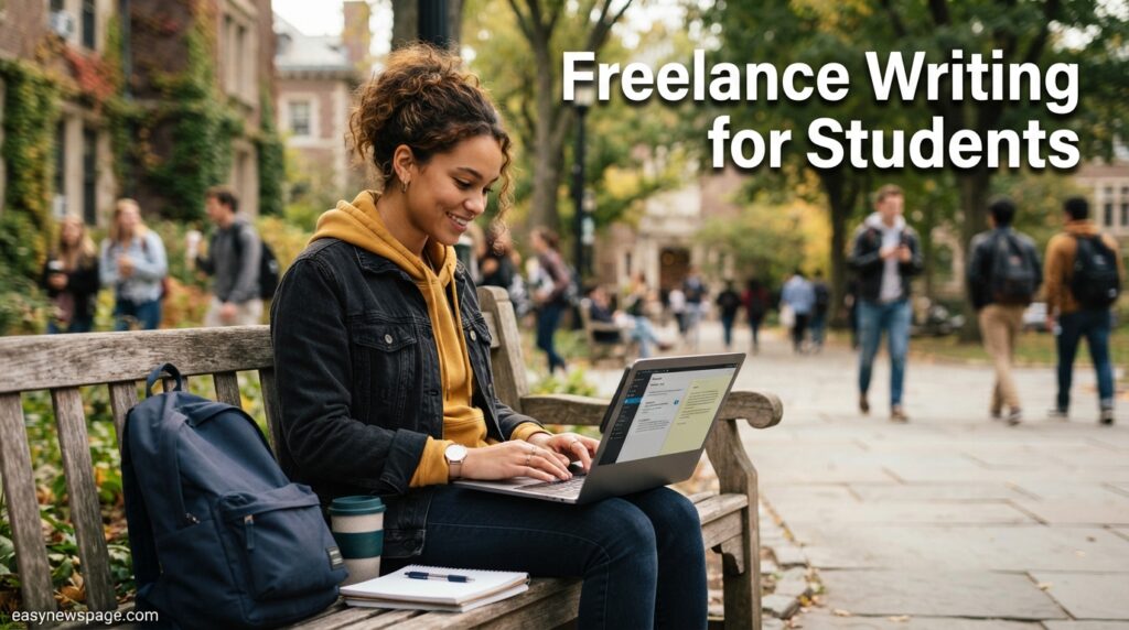College student freelance writing on a laptop on campus